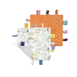 CREVENT Tag Security Blankets for Babies, Soft Small Loveys for Girls, Baby Comforter Sensory Blanket, Great Gifts for Birthday Baby Shower 10"X10" (Dinosaur+Orange)