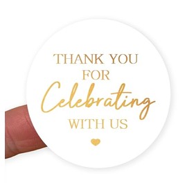Thank You for Celebrating with Us Stickers – 45mm Round White Labels with Shiny Gold Print – Perfect for Gift Bags, Wedding Favours, Party Bags & Envelope Seals – Pack of 50