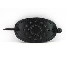 Leather With Wood Slide Stick Oval Hair Pin Barrette (Black)