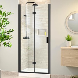 34-35.2 in. W x 72 in. H Bifold Shower Door with Zinc Alloy Handle, Frameless Glass Shower Door with 1/4 in. Tempered Clear Glass, Pivot Swing Shower Panel with Strong Aluminum Frame, Black