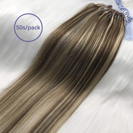 GOOFIT 22" Micro Loop Hair Extensions Real Human Hair Extensions Double Ring Beads - 1g/s 50s/pack- (22" #M4/613 Medium Brown mix Bleach Blonde)