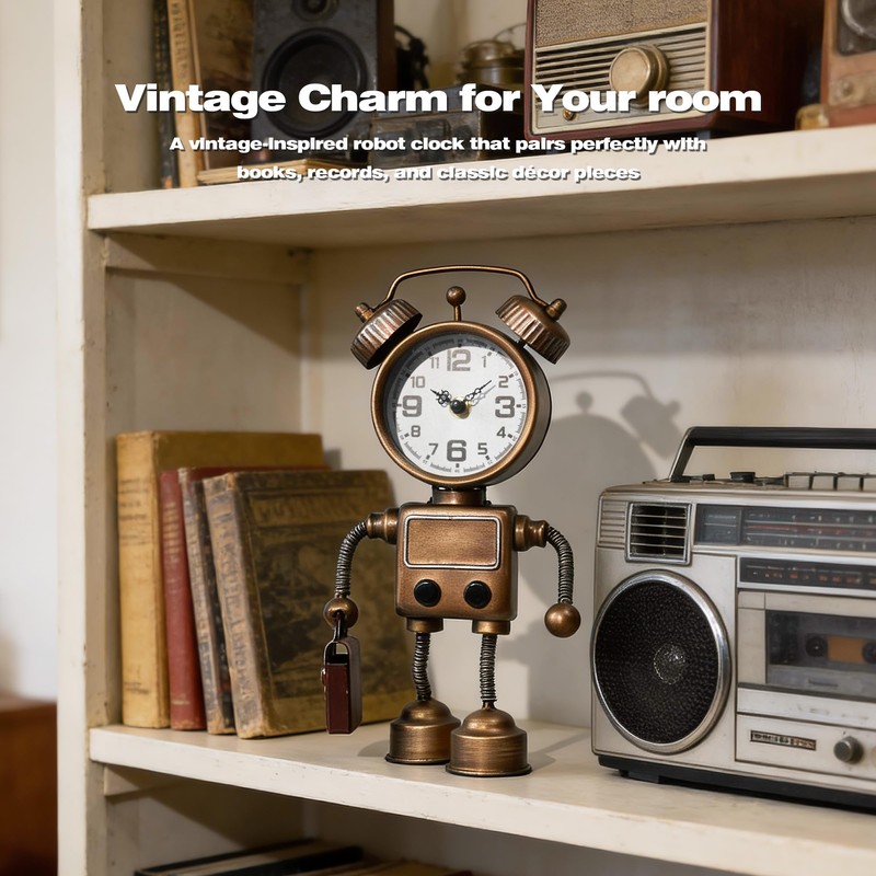 AYRELY® Industrial Steampunk Robot Table Clock,Battery Operated Metal Desk&Shelf Clock,Retro