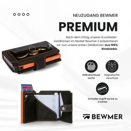 BEWMER v2 Genuine Leather Card Holder with RFID Protection & Anti-Cloning - Women's & Men's Wallet with Coin Compartment & Space for 9 Credit Cards - Men's & Women's Wallet with Clip Closure | Black/Orange