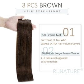 RUNATURE Clip-In Real Hair Extensions, Dark Brown, Remy Extensions, Clip-In Real Hair, Darkest Brown, Straight, Real Hair, 45 cm #2, 50 g, 3 Pieces