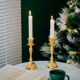 Sziqiqi Gold Candlestick Holders Set of 2 Taper Candle Holders Deluxe Ornate Candle Holders for Shabbat Taper Candles, Candle Centerpiece, Wedding Candles, Christmas Candle 7.4inch