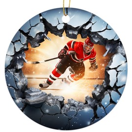 Ad Astra Graphics 3D Break Through Hockey Player Christmas Ornament - Multicolored, PVC, 3 Inch Round, Modern/Realistic Style, Christmas Occasion