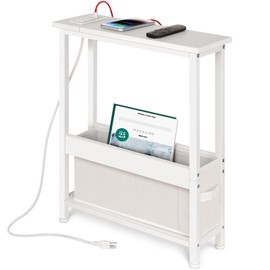 BAMGROW Slim Charging End Table with Storage - for Small Spaces and Bedroom (White)