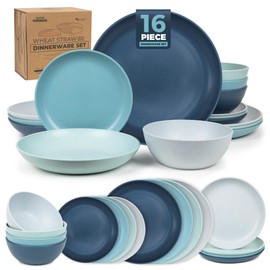 Grow Forward 16-piece Premium Wheat Straw Dinnerware Sets for 4 - Unbreakable Dishwasher & Microwave Safe Plastic Plates and Bowls Sets - Patio, Outdoors, RV, Camping Dishes - Seascape