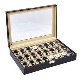 Baojulong 24-Slot Black PU Leather Watch Box, Watch Organizer with Clear Lid, Fits Various Watch Styles