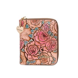 ArtsEye Women's Rose Embossed Genuine Leather Short Zip Around Wallet Clutch Purse (Pink Rose)
