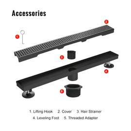 SaniteModar Linear Shower Drain, Matte Black Shower Drain 28 inch with Removable Grate,Brushed 304 Stainless Steel Shower Drain Include Hair Strainer,Adjustable Leveling Feet