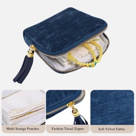 Stratalife Travel Jewelry Case Organizer for Women Portable Jewelry Box with Small Pouches for Gemstones Healing Crystal Bracelets, Necklace Bangles Storage, Pendants Ring Holder Zipper, Blue Tassel