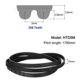 sourcing map HTD-5M Rubber Timing Belt 358 Teeth, 1790mm Pitch Length x 15mm Width x 3.6mm Height, Closed Loop Pulley Timing Belt