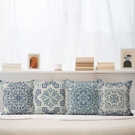 ASDCXZ Kissenbezug Boho 40x40 cm 4er Set, Retro Datura Blume Muster Beige Blau Sofa Dekokissen Kissenbezüge Kissenhülle Waschbar Polyester Flachs Textil Outdoor Polster Kopfkissenbezug Kissen Bezug