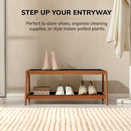 Anji Mountain 2-Tier Solid Wood Boot/Shoe Stand with Natural Rubber tray and coir insert, Fits 6 Pair (36.5"x22"x 15"), Natural