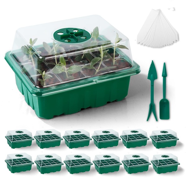 JERIA 12 Packs 144 Cells Seedling Starter Trays,Seed Starter Tray Seed Starter Kit with Humidity Adjustable Dome,Plant Germination Trays and Plant Starter Kit for Seeds Growing Starting (Green)