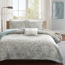 Madison Park Ronan Cotton Quilt Set-Casual Paisley Design All Season, Lightweight Coverlet Bedspread Bedding, Shams, Decorative Pillows, King/California King (104 in x 92 in), Blue, 4 Piece