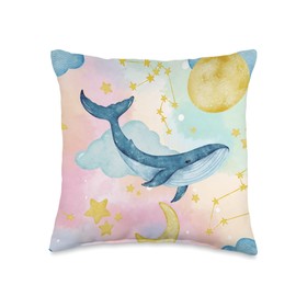 Cute Sky Whale with pastel background Throw Pillow