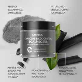 Scalp Scrub, SHVYOG Bamboo Charcoal Scalp Exfoliator, Coconut Oil Scalp Exfoliator Scrub for Build Up, Hair Treatment Nourishing Detox Hair Care with Scalp Massager, 10.58 oz