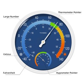 Indoor Outdoor Thermo-Hygrometer, 10 Inch Battery-Free, Dual Dial Large Numbers Analog Wall Thermometer Hygrometer, Classic Temperature Humidity Monitor for Patio, Nursery, Storage (Blue)