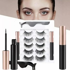 Pestañas Postizas Magneticas de 5 Pares, Kit de Pestañas Naturales 3D en Varios Estilos,con 2 Lápices Delineadores Magnéticos y Pinzas,Pestañas Postizas set Completo Reutilizables y Impermeable(Negro)