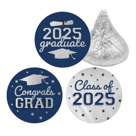 Blue and Silver Graduation Party Favors Stickers for Chocolate Kisses, Class of 2025 Stickers - 180 Count