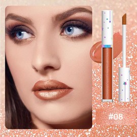 evpct 1Pcs Bronze Gold Metallic Shimmer Glitter Lip Gloss Liquid Lipstick Long Lasting Waterproof 24, Glitter Pearlescent Metallic Sparkly Glossy Liquid Lipsticks Lip Stain Makeup Set for Women 08#