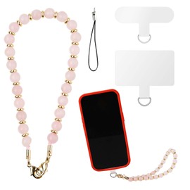 XIHIRCD Phone Lanyard Wrist Strap, Crystal Stone Beaded Phone Charm Wrist Strap, Detachable Bracelet Phone Strap Chain with 2pcs Tether Tabs Gift for Women Girls(Pink)