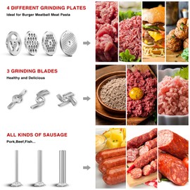Metal Food Grinder Attachment for KitchenAid Stand Mixer, AMZCHEF Meat Grinder Attachments Included 3 Sausage Stuffer Tubes & Holder, 4 Grinding Plates, 2 Grinding Blades, Burger Press, Cleaning Brush