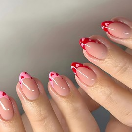 Almond Valentines Press on Nails French Tip Heart Designs Glossy Pink Red Valentine Fake Nails Full Cover Small Heart Glue on Nails Medium Almond Stick on Nails Valentine Designs for Women