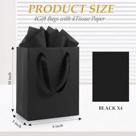 Epoesch Black Small Gift Bags with Handles and Tissue Paper, 8x5x10 Inch 4 Pack Paper Bags for Men, Women, Birthdays Party, Baby Showers, Weddings, Father's Day, Anniversaries, Holidays (Black small - 4Pcs)
