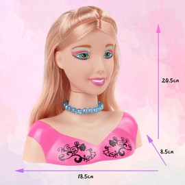 HOTUT Model Styling Head, 20.5 cm Makeup Head Doll Hairdressing Head, Head Makeup and Hairdressing Head for Children, Styling Head Makeup with Makeup and Hair Styling Accessories, Hair Clips, Hair