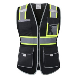 HoliSecure Safety Vest for women, Hi vis Reflective Lady Work vest With 9 Multi Pocket And Zipper, Black, Medium