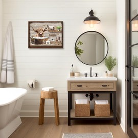 NymphFable Funny Highland Cow Wall Decor Poster Cute Cow is Bathing, Rustic Cattle Wall Poster for Farmhouse Bathroom Decor 12x16 in Unframed