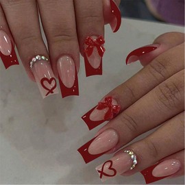 Long Square French False Nails, 24PCS Press On Nails with 3D Bow Heart Stickers, Stick on Nails Red French Nail Tips, Full Cover Removable Acrylic Fake Nail for Women Girls Valentines Days