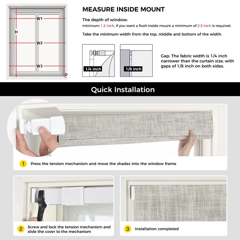 UNISHADES No Drill Cordless Roman Shades, 35×64 in, Room Darkening
