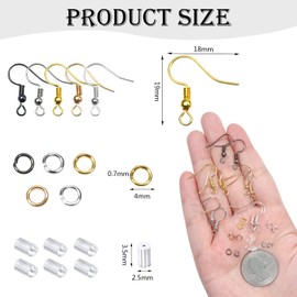 TOAOB 1350 Pieces 18 x 19 mm Metal Earring Hooks with Ball Spool and 4 mm Jump Rings Plastic Ear Stopper Multicoloured Set for DIY Earrings Jewellery Making