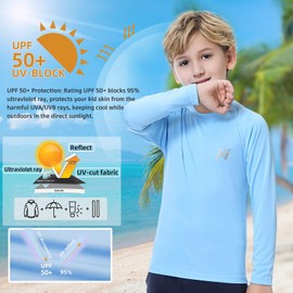 MEETWEE Boy Long/Short Sleeve Rash Vest Guard Kids Swimming Top UV Sun Protection UPF 50+ Quick Drying Lightblue
