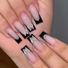 Uñas postizas de punta francesa negra a presión, uñas postizas largas con dijes de mariposa, uñas postizas cuadradas negras con mariposas plateadas 3D