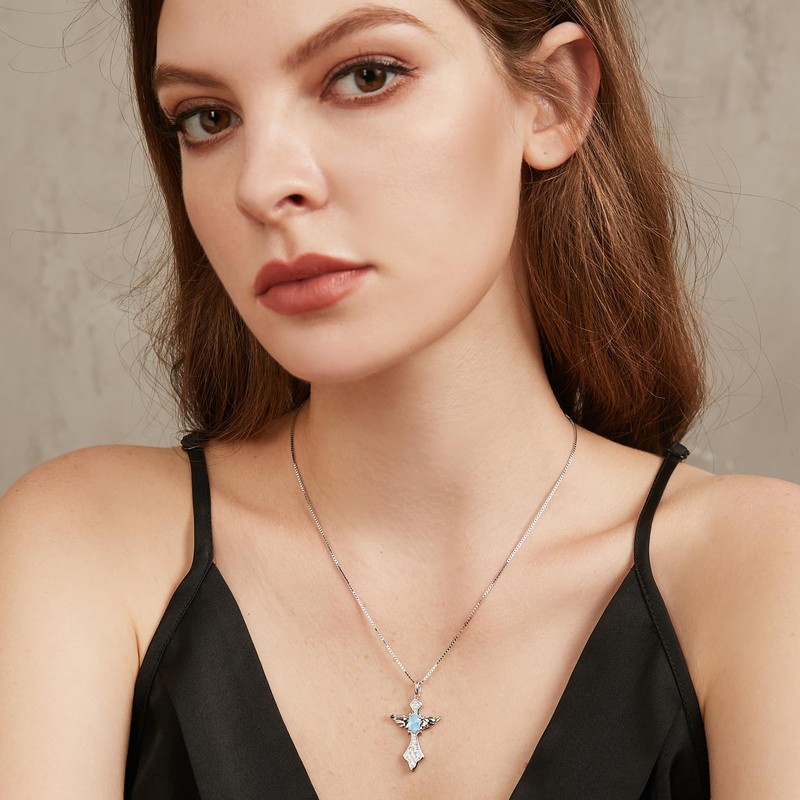 Jiahanzb Birthstone Angel Wing Cross Necklace 925 Sterling Silver Cross