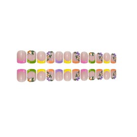 French Tip Press on Nails Short Square Fake Nails with Flower Designs Acrylic Nails Colorful Nail Tip Stick on Nails Cute Spring Press on Nails Gloss Artificial Nails for Women Manicure Art