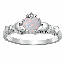Fidelity: 0.765ct Heart-cut White Created Opal Dublin Claddagh Promise Ring Silver, 3185B sz 8.0