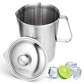 Stainless Steel Pitcher with Lid 2 L 70 oz Measuring Cup with Marking Metal Water Container with Handle Milk Frothing Jug for Iced Tea Hot Cold Water