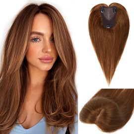 Hairpieces for Women, Real Human Hair, 30 cm, 360° Human Hair Piece for Women with Thinning Hair, Realistic Scalp for Cliping, Straight Hair (Light Brown #6, Side Bangs)