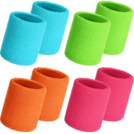 WILLBOND 8 Pack Wrist Sweatbands Sports Wristbands Tennis Sweatbands Neon 80s Thick Cotton Gymnastics Sweat Band Athletic Football Soccer Sports Wristband for Men Women Party(Neon)