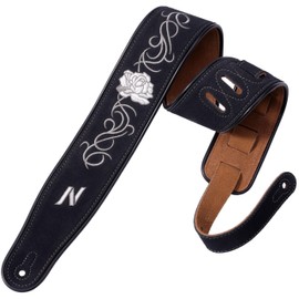 Nefelibata Guitar Strap with Vintage Rose Embroidery, 2.7" Wide Double Layer Bavarian Tumbled Cowhide Guitar Strap with Foam Padding for Kids, Male and Female Acoustic, Bass and Electric Guitars