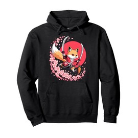Kawaii Samurai Fox with Swords and Sakura Blossoms Pullover Hoodie