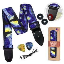 Art Tribute Van Gogh "Starry Night" Guitar Strap for Bass, Electric & Acoustic Guitar - Christmas Gift & Stocking Stuffer Set, 2 Strap Locks, 2 Picks - Adjustable Cotton Strap for Men & Women Guitarists
