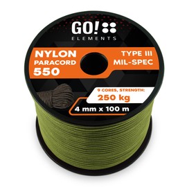 GO!elements 100 m Paracord Rope - Made of Tear-Resistant Nylon Cord - 4 mm Paracord 550 Type III Rope - Suitable as General Purpose Rope and Cord - Max. 250 kg, green