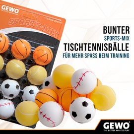 GEWO Sports-Mix Table Tennis Balls - Plastic Table Tennis Balls 40+ in Sport Design - 12 Colourful, High-Quality Ping Pong Balls - Various Designs, 40+ mm Diameter